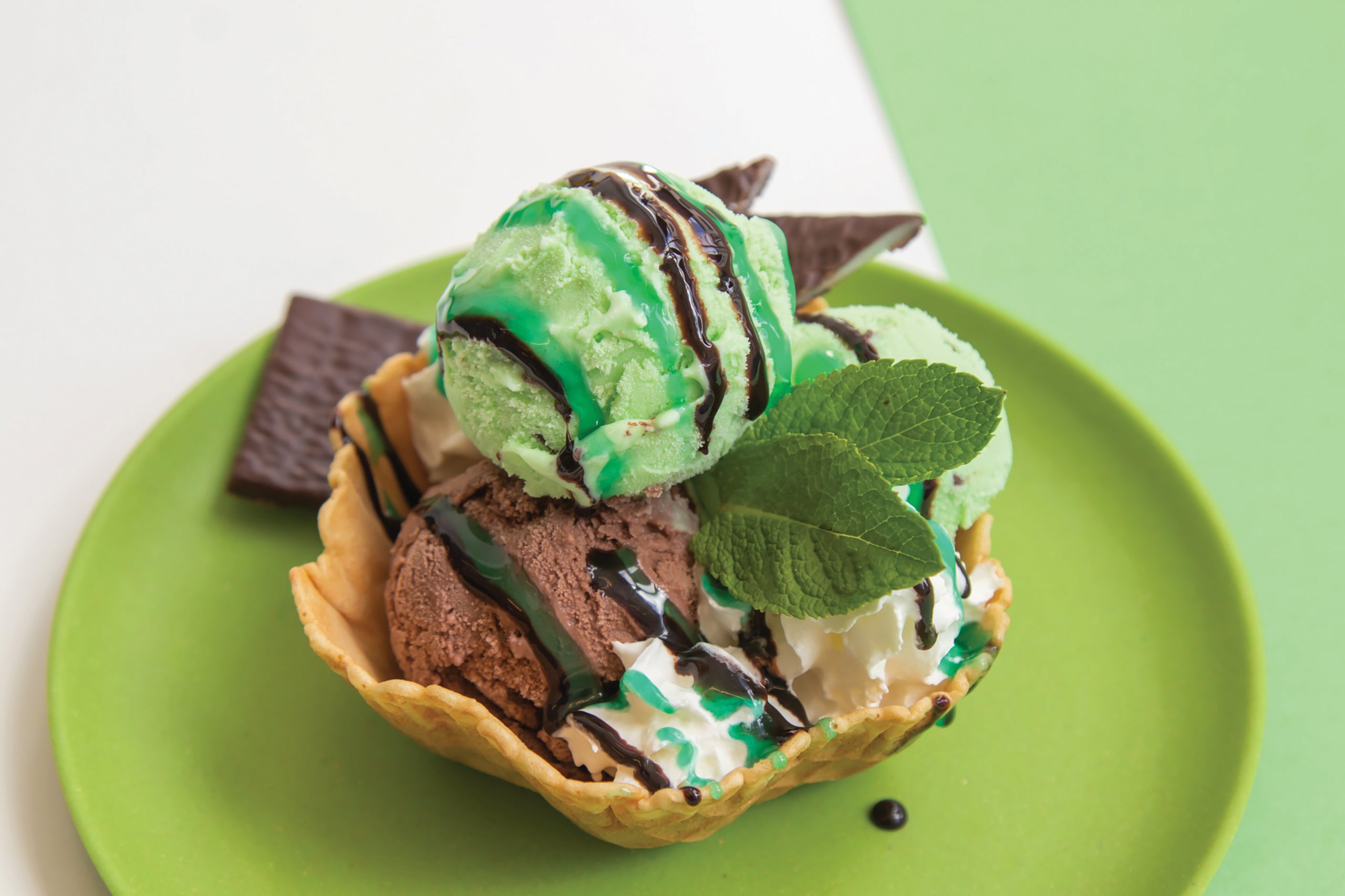 Mint Sundae with Mint Choc Chip Ice Cream and Triple Chocolate Ice Cream